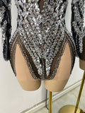 Sparkly Sequins Rhinestones Women Sexy Black Mesh See Through Long Sleeve Party Nightclub Performance Costume Stage Wear