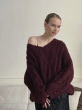 Women's Cable Knit Sweater V Neck Long Sleeve Oversized Loose Chunky Twist Pullover Tops Casual Autumn Retro Commute Top
