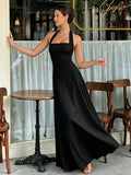 Solid Square Neck Around The Neck Maxi Dress Slim Fit Sleeveless Backless Long Gowns Elegant Women's Dinner Guest Evening Robes