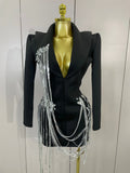 Sexy Sparkly Tassels Chains Black Suit Mini Dress Women Eveing Party Birthday Prom Nightclub Singer Performance Stage Costume