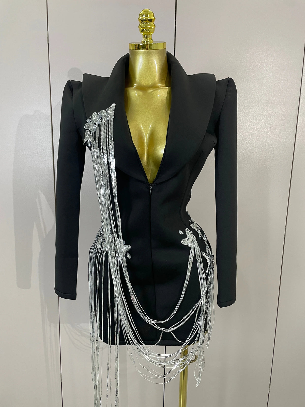 Sexy Sparkly Tassels Chains Black Suit Mini Dress Women Eveing Party Birthday Prom Nightclub Singer Performance Stage Costume