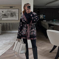 Women's Shawl Collar Fringe Knitted Cardigan Self Fabric Belt Waist Ethnic Print Loose Long Sleeve Mid Length Coat Autumn Casual