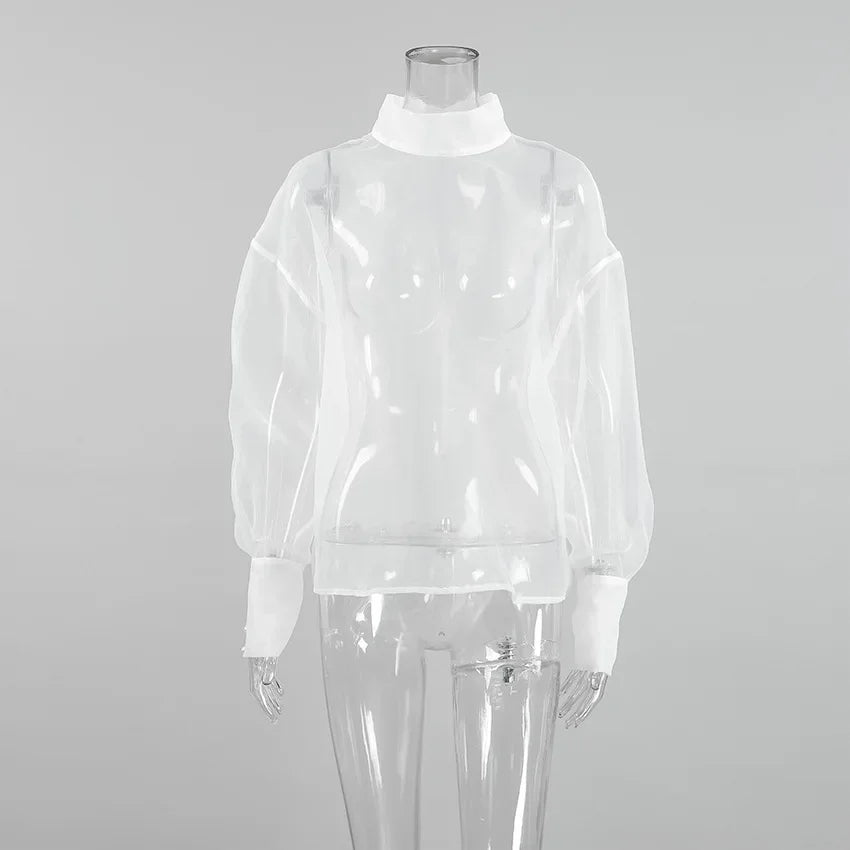 Solid Loose Fashion Blouse for Women Stand Neck Long Sleeves Patchwork Sheer Elegant T Shirts Female Clothing New