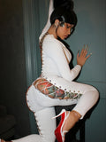 Cross Bandage Hollow Design Jumpsuits Woman o-Neck Full Sleeve Backless Skinny Peach Hip Sexy Club Party Overalls