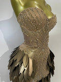 Women Sexy Strapless Mesh See Through Mini Dress Luxury Diamonds Leaf Birthday Evening Party PhotoShoot Nightclub Stage Costume