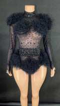 Women's Casual Summer Bodysuit Transparent Rhinestones Sexy Tight Mesh Ruffles Performance Dancer/Singer Costume for Nightclub