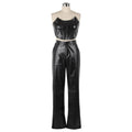 Women's Green Corset Cut-Out Cargo Sexy Sleeveless Jumpsuits PU Leather Matching Set Sexy Clubwear 2 Piece Outfits
