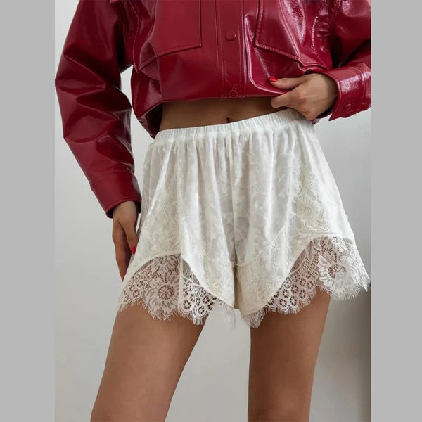 Fashion Women's Velvet Lace Patchwork Shorts Loose Hollow Out Elastic Waist Short Pant 2026 Summer Lady Casual All-match Pants