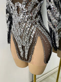 Sparkly Sequins Rhinestones Women Sexy Black Mesh See Through Long Sleeve Party Nightclub Performance Costume Stage Wear