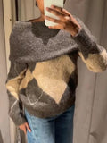 Women's Brown Beige Plaid Knitted Sweater Fashion Off Shoulder Patchwork Loose Blouse Lady Autumn Winter Casual Outerwear