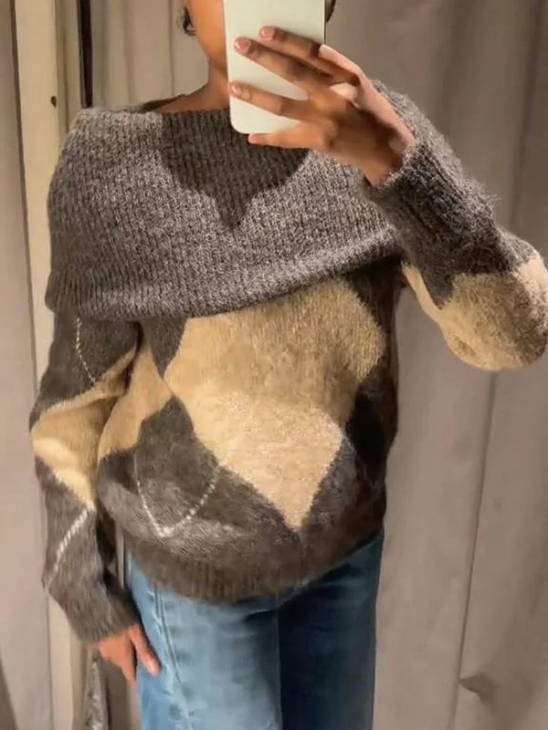 Women's Brown Beige Plaid Knitted Sweater Fashion Off Shoulder Patchwork Loose Blouse Lady Autumn Winter Casual Outerwear