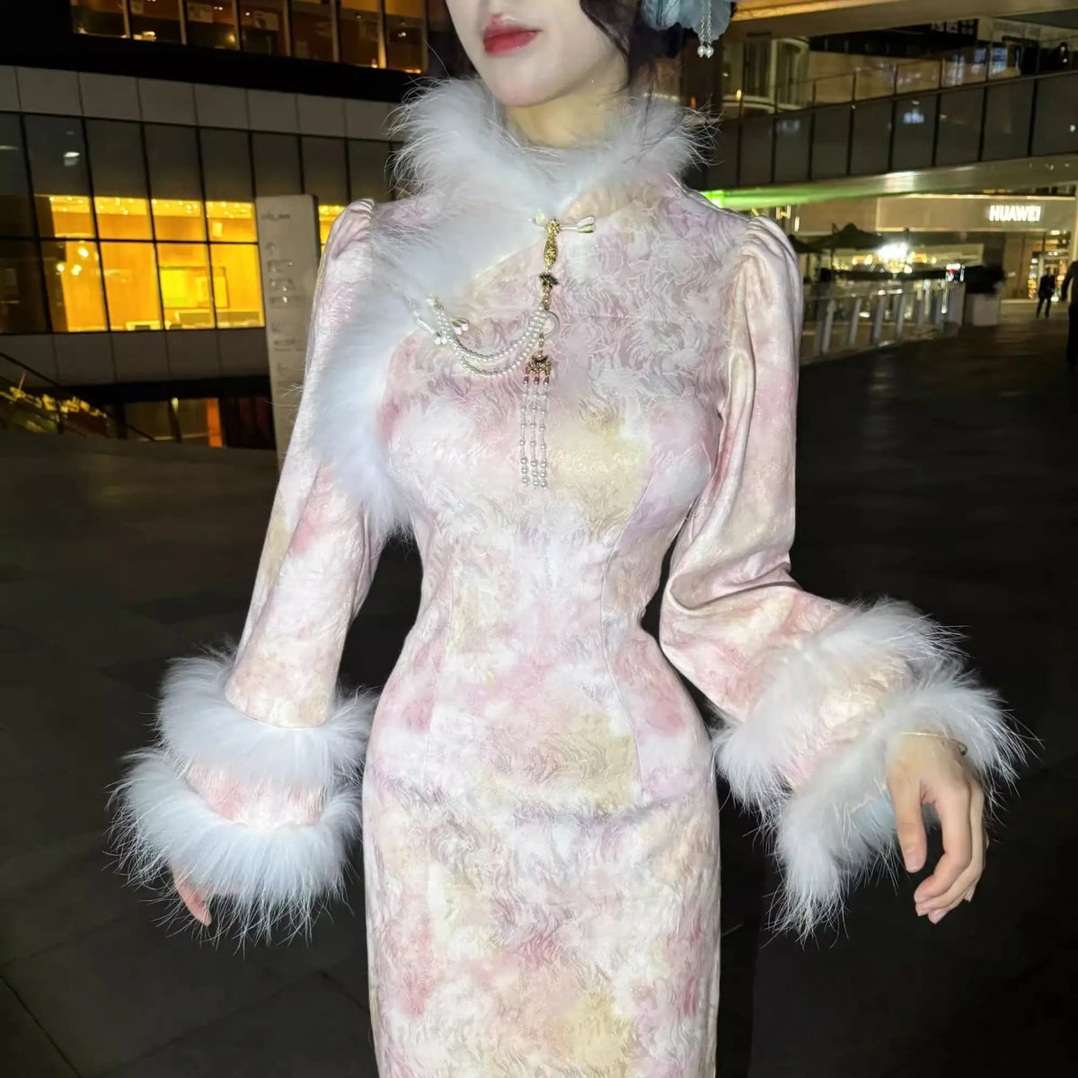 Autumn and Winter Thick Style Gentle Wool Cheongsam Dress Qipao Dress Pink Flower High-end Women'sTraditional Chinese Clothing
