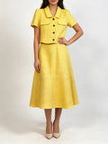 Office Sequin Tweed Two Piece Sets for Women Lapel Short Sleeve Cropped Jacket High Waist Midi A Line Skirt Formal Outfit