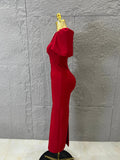High Quality Red Bodycon Dress with Crystal Bow Cutout and Puff Sleeves Versatile for Celebrations and Gatherings