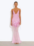 New Summer Sequins Patchwork Mesh Slim Long Dress Women Casual Vacation Dress Sexy Suspender V Neck Backless Evening Dress