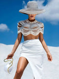 Fashion Pearl Shawl Tops Women 2026 O-neck Handmade Beading Shawl Top Ladies Party Female Elegant Shawl Tops