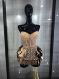Women Sexy Strapless Sparkly Rhinestone Sequins Mesh See Through Mini Dress Eveing Party Birthday Nightclub Singer Stage Costume