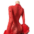 New Sexy See-through Red Fur Stone Club Wear Jumpsuit Long Women's Jumpsuit Rhinestone Mesh Jumpsuit