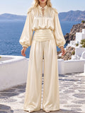 Satin Two Piece Set for Women Ruffle Mock Neck Long Lantern Sleeve Crop Top Pleated Wrap Wide Leg Pants for Vacation Daily
