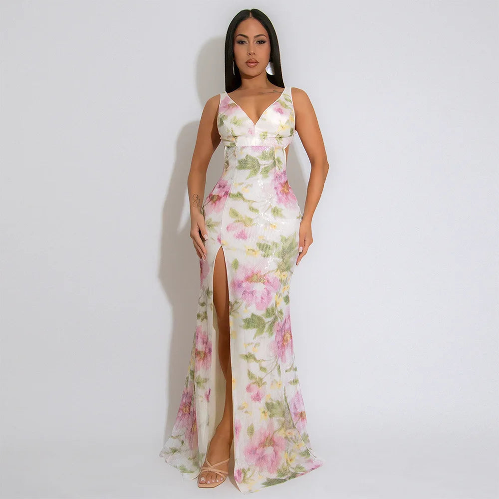 Flower Print Sequin Long Dress for Women Sexy Spaghetti Strap High Slit Maxi Dress Vacation Party Birthday Prom Summer Robe