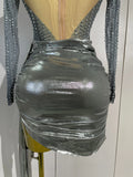 Women Sparkly Rhinestone Birthday Evening Party Nightclub Team Stage Show Costume Sexy Mesh See Through Long Sleeves Mini Dress