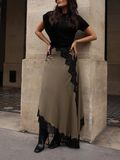 Hit Color Irregular Lace Midi Dress for Women O Neck Short Sleeves Cut Out Waist Lace Trim Skirt for Stylish Party