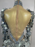 Sexy Sparkly Silver Rhinestones Sequins Mesh Stretch Bodysuit Eveing Birthday Party Nightclub Bar Singer Dancer DJ Stage Costume