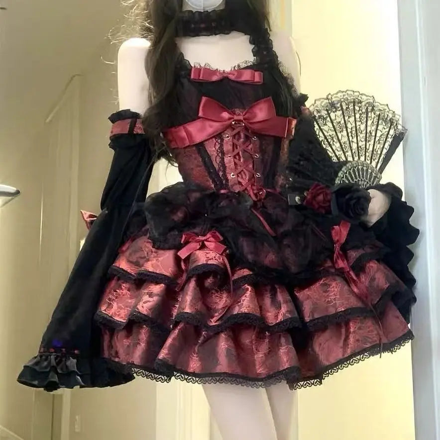 Olivegirl Black and Red Lolita Dress JSK Sweet Hotsweet Iolita Dress Cute Anime Cosplay Female Dress Birthday Party Party