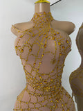 Sparkly Rhinestone Shining Women Sexy Bodycon See Through Irregular Hem Mini Dress Birthday Party Performance Costume