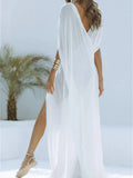 Beach Vacation Dress Women See Through Sleeveless V-Neck Sexy Solid Split Midnight Party Club Long Irregular Bodycon