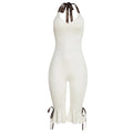 Contrast Color Bandage Playsuits Woman Halter Low-Neck Backless Sleeveless Ruffles High Street Fashion Style Rompers