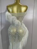 New Sparkly Rhinestone Off The Shoulder White Mesh See-Through Long Dress Sexy Eveing Party Birthday Nightclub Stage Costume