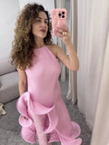 Elegant Women's Halter Ruffles Midi Dress Pleated Irregular Slit Dresses Evening Wedding Guest Pink Yellow Blue Party Prom 2026