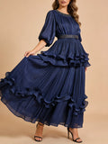 Elegant Chiffon Layered Ruffles Design Dress for Women Short Sleeves Waist Belt Spliced Diamonds Accent for Afternoon Tea