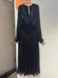 French Retro Vacation Dress for Women V Neck Lantern Sleeve Spliced Bead Square Scarf Tunic Temperament Long Dresses Female