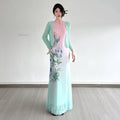 Printed Pink Green Elegant Cheongsam Dress Retro slim-fit Mesh Sleeveless Long Dress For Women Dance Qipao