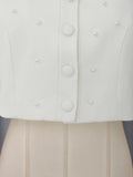 Elegant Bridesmaids White Two Piece Set for Women Lapel Pearl Accent Crop Jacket A Line Midi Skirts Suit for Formal Events