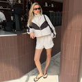 Color Block Zip Up Two Piece Set Women Long Sleeve Stand Collar Cropped Jacket High Waist Shorts 2026 Spring Summer Casual Suit