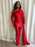 Sexy Christmas Dress Women Ruched Elegant Ribbon Irregular Full Sleeve Evening Skew Collar Skinny Peach Hip Bodycon
