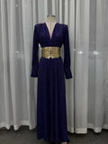 Glitter Deep V Flowy Floor Dress for Women Long Sleeve Ruched Bodice Gold Decorated Wide Waistband A Line Length for Party
