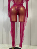 Women Celebrity Evening Party Bar Nightclub Dancer Sexy Stage Costumes Sparkly Rhinestone Long Sleeves Mesh See Through Jumpsuit