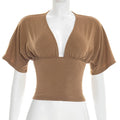 Sexy Deep V-Neck High-Waisted Spliced T-Shirt Women Fashion Solid Waist Shaping Short Sleeves Top Summer Street T-Shirt