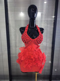 Red Color Women Sexy Halter Backless Shining Crystal Bodycon Mini Bandage Dress Celebrate Evening Party Christmas Clothing
