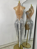 Sparkly Rhinestones Pearls Women Sexy Sleeveless High Split Mesh See Through Birthday Dress Nightclub Party Performance Costume