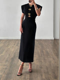 Black Loose Spliced Buttos Chic Dresses for Women O Neck Sleeveless Elegant Commute Dress Female Summer Fashion New
