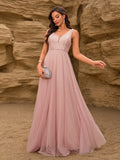 Sleeveless Evening Dresses V-Neck Sequined Embroidery Long Party Gown Clothing Elegant Mesh A-Line Formal Wedding Dress