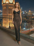 Sexy Maxi Dress Black Women's Diamond See Spaghetti strap Mesh Through Bodycon Long Dress Nightclub Party Evening Gowns