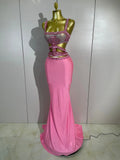 Luxury Birthday Evening Party Set Sparkly Rhinestone Pink Sexy Sleeveless Long Dress Two Pieces Nightclub Party Club Stage Wear