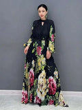 Printed Dress For Women Fashion O-neck Draped Lace Up Waist A-line Casual Vestido Robe Female Autumn
