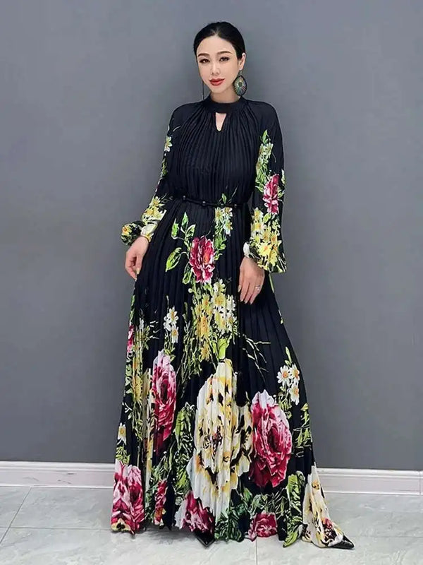 Printed Dress For Women Fashion O-neck Draped Lace Up Waist A-line Casual Vestido Robe Female Autumn